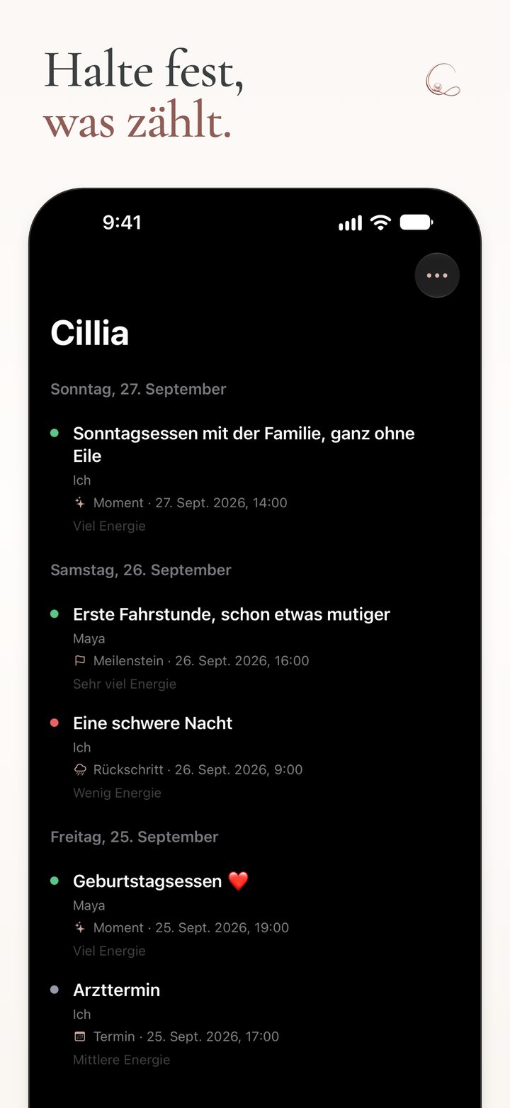 Die Übersicht in Cillia mit Momenten aus dem Alltag, Meilensteinen und Einträgen zum Befinden an mehreren Tagen.
