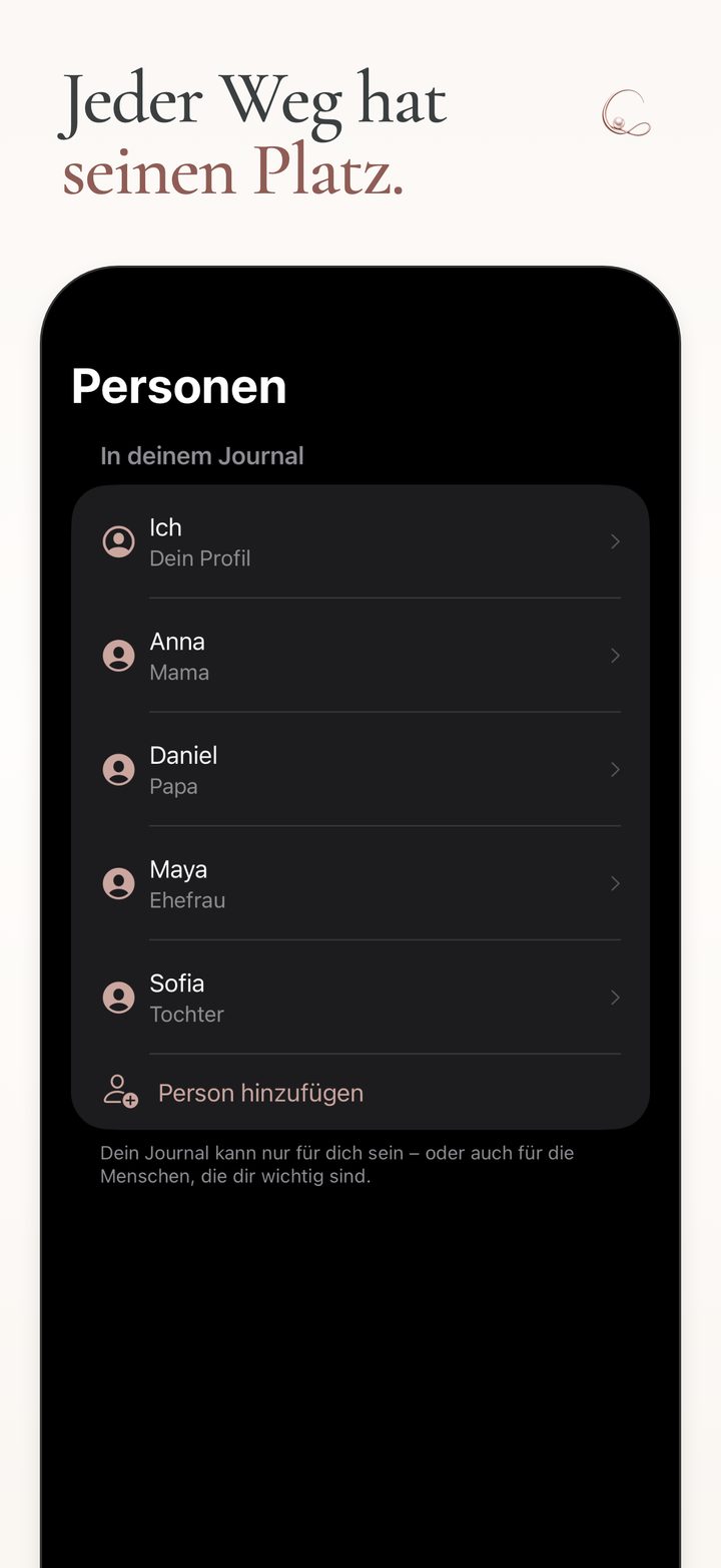 Die Personenübersicht in Cillia mit deinem eigenen Profil und den Menschen, für die du Einträge festhältst.