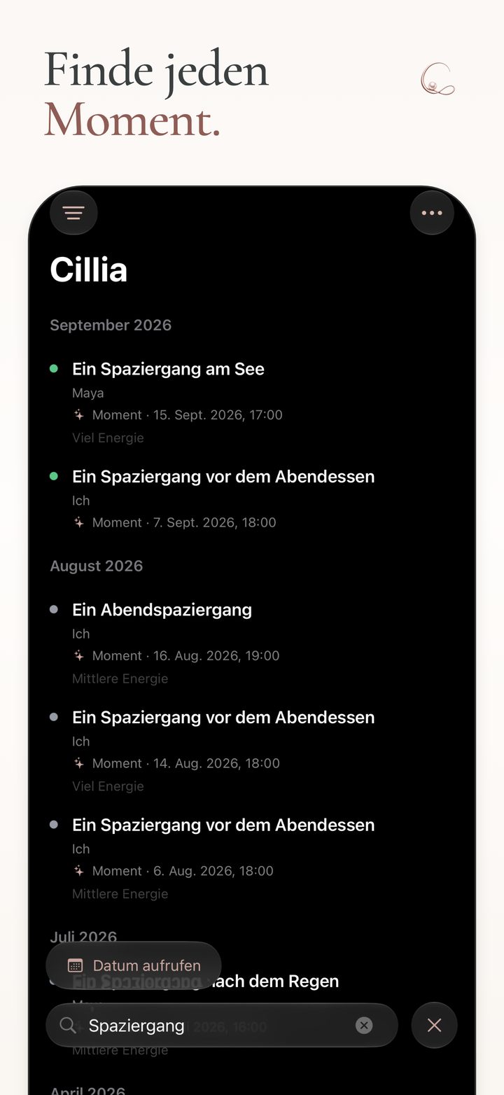 Suchergebnisse für Spaziergänge in Cillia. Über «Datum aufrufen» lässt sich auch ein bestimmter Tag öffnen.